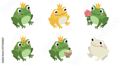 Whimsical frog prince characters with crowns and accessories in cute style