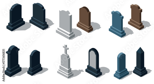 Isometric gravestone collection: diverse tombstone set in different colors and shapes