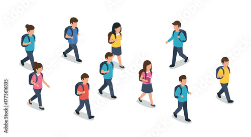 Isometric school children walking with backpacks in casual uniforms