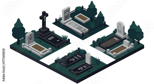 Isometric cemetery scene with tombstones and trees in dark colors