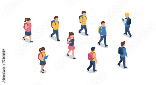 Isometric schoolchildren with backpacks walking in various directions on white background