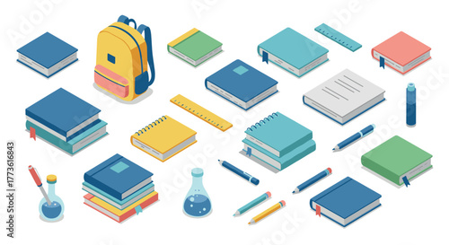 Isometric school supplies collection: books, backpack, stationery, and laboratory equipment