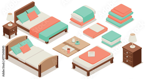 Isometric bedroom set with beds, nightstands, and folded linens in pastel colors