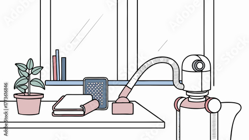 A whimsical cartoon robot with a hose attached to its head stands near a desk with a plant and books