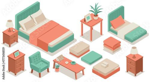Isometric bedroom furniture set in pastel colors for interior design projects
