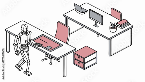 Robot working in an office with desks chairs and computer equipment in a clean isometric illustration