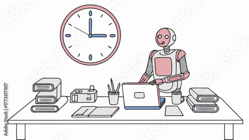 A friendly pink and white robot works diligently at a desk with a laptop books and a clock showing three o clock