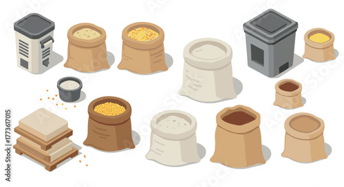 Variety of grain and flour bags in isometric style
