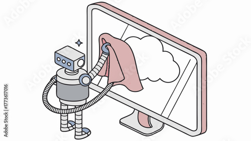 A friendly cartoon robot meticulously cleans a computer monitor screen with a soft pink cloth
