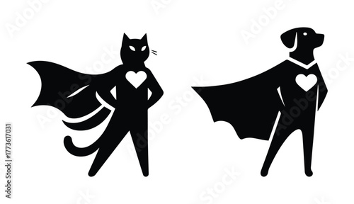 Pets superhero, cat and dog in capes isolated silhouettes