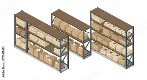 Isometric warehouse shelves loaded with boxes and packages in industrial setting