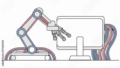 Robotic arm with delicate manipulators interacting with a computer monitor and cables