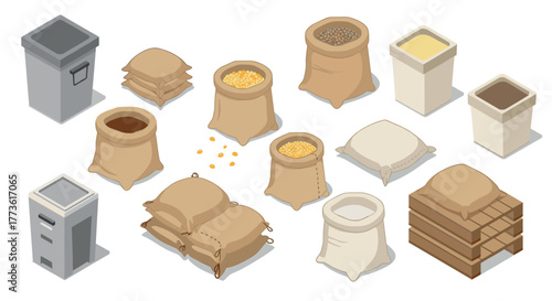 Isometric grain and sacks collection with storage bins on white background