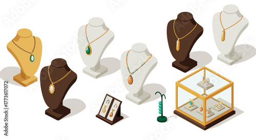 Elegant jewelry display with necklace and earring stands in various styles
