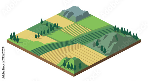 Isometric agricultural landscape with fields and mountains
