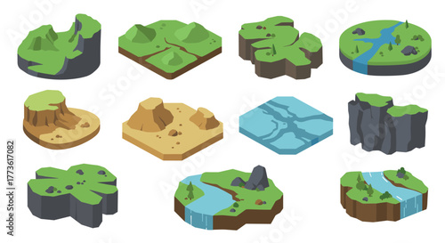 Isometric 3d adventure game terrain tiles with diverse natural landscapes