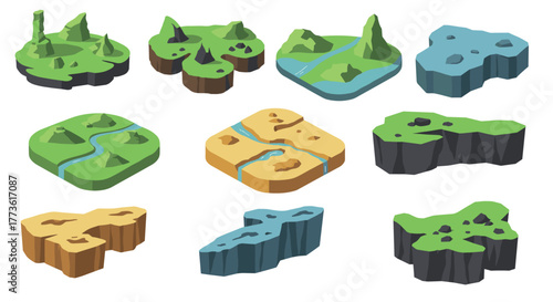 Isometric 3d landscape elements for game design and environment creation