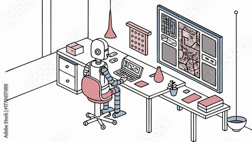 A friendly robot works diligently at a desk in a modern office analyzing data on a large screen