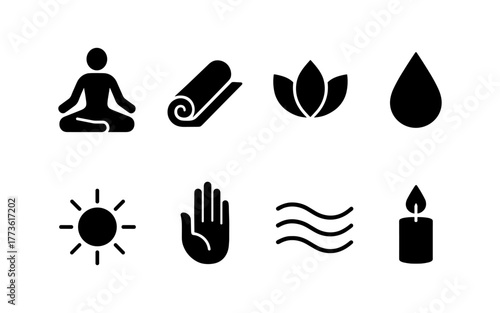 Minimalist yoga and meditation icon set with wellness and relaxation symbols