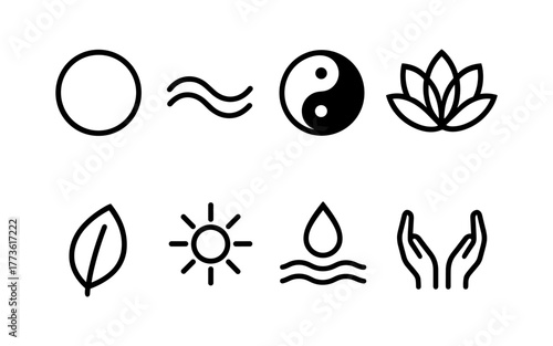 Minimalist icon set: zen, nature, and harmony symbols in line art style