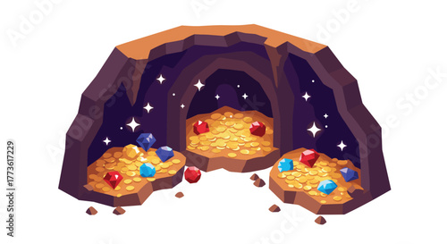 Treasure cave with sparkling gems and coins in a cartoony style