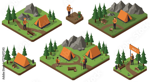 Isometric camping adventure with tents, hikers, and forest trails in wilderness