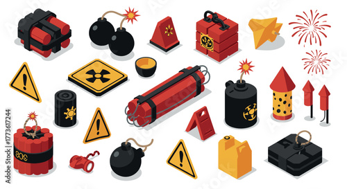 Cartoon dangerous objects and explosives set