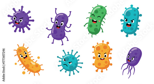 Colorful cartoon bacteria characters with expressions for educational designs