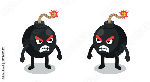 Angry cartoon bomb characters with fuses in isometric style