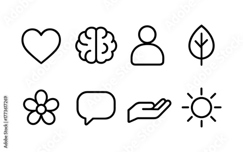 Minimalist outline icons: health, nature, communication, humanity
