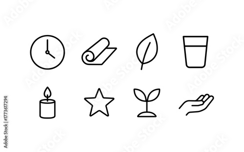 Minimalist line icons collection: time, yoga, nature, hydration, relaxation, growth, giving