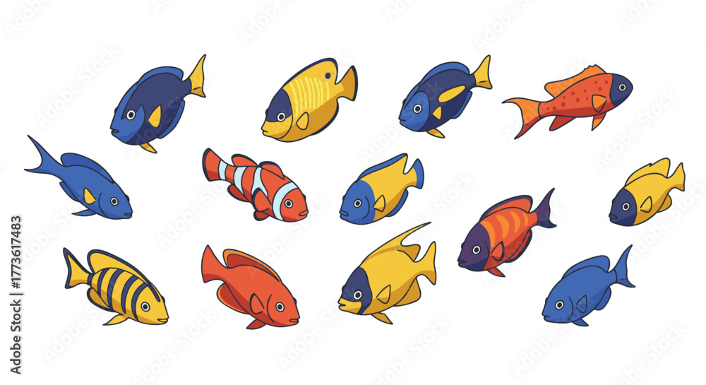 Fototapeta premium Colorful cartoon fish collection on white background