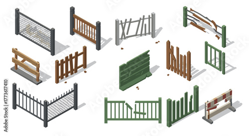 Isometric collection of various fence designs in different materials and styles