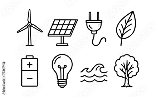 Eco-friendly energy icons set featuring renewable sources and natural elements in linear style