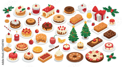 Festive holiday desserts collection with cakes, pies, and drinks in isometric style