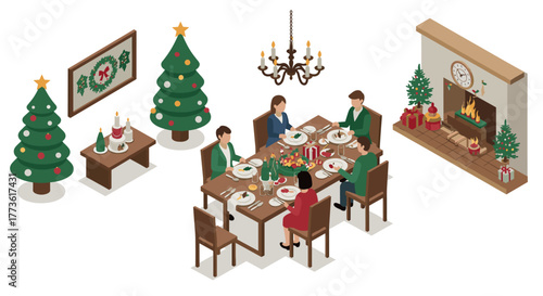 Festive holiday family dinner in cozy living room with christmas decorations