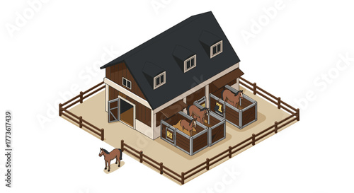 Isometric horse stable scene with barn and horses