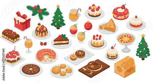 Festive desserts collection with christmas accents in isometric style