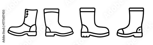Line art icons of four different types of boots for various activities