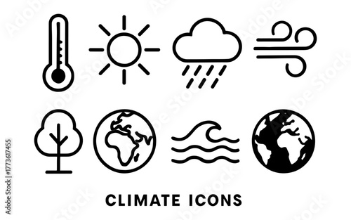 Linear climate icons set featuring weather and nature symbols