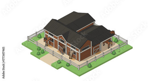 Isometric horse stable with grazing horses and fenced pasture