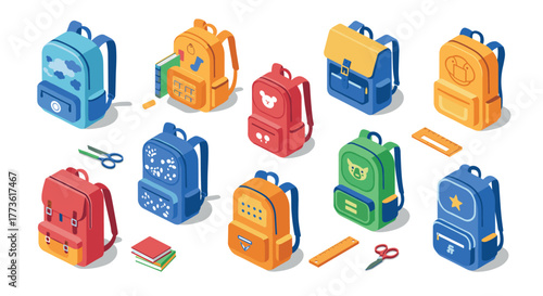 Colorful isometric backpacks and school supplies on white background