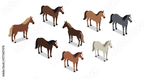 Isometric horses in diverse colors on white background