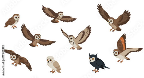Diverse owls in flight: a collection of cartoon birds with distinctive features