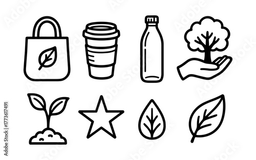 Eco-friendly icons set featuring reusable bags, plant symbols, and sustainability elements