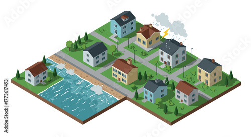 Isometric coastal neighborhood with thunderstorm and modern houses