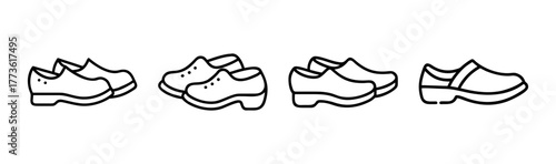 Collection of four detailed line art sketches of classic casual shoes and clogs for men and women