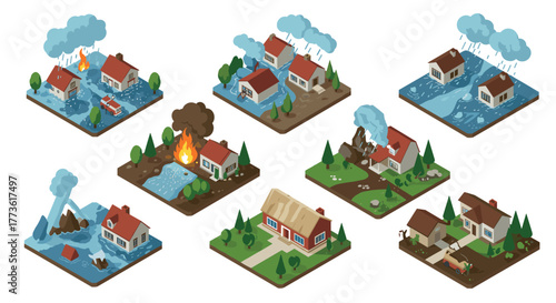 Isometric natural disasters set featuring floods, earthquakes, and wildfires in urban and rural environments