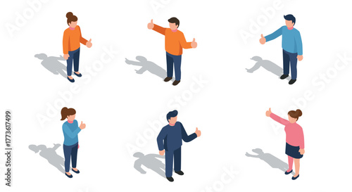 Isometric figures giving thumbs up gesture in colorful attire on white background