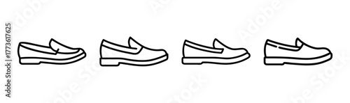 Four different styles of loafers shoes illustrated in a row line art
